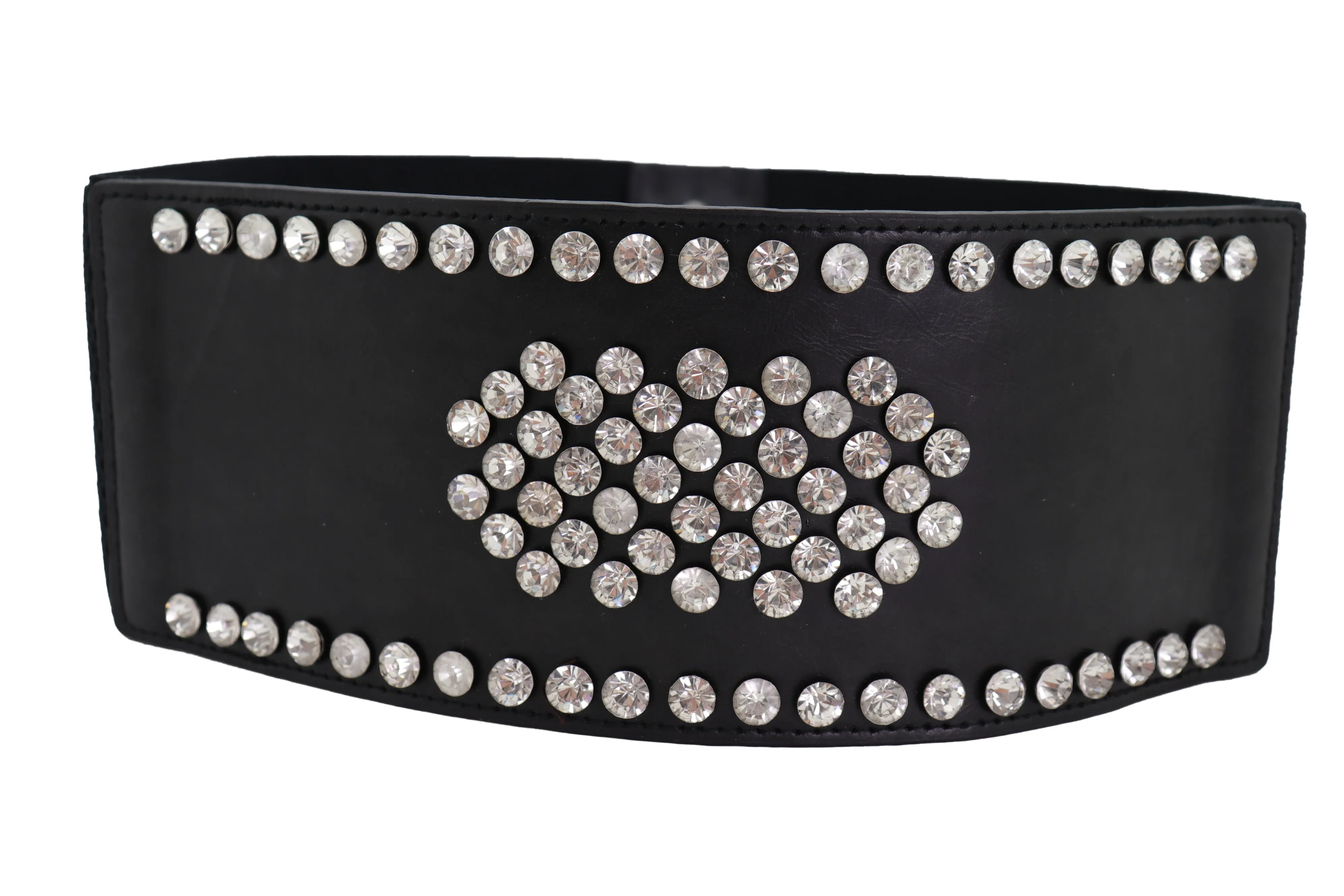 Black Color Elastic Wide Band Fashion Belt Silver Bling Shield Size M L