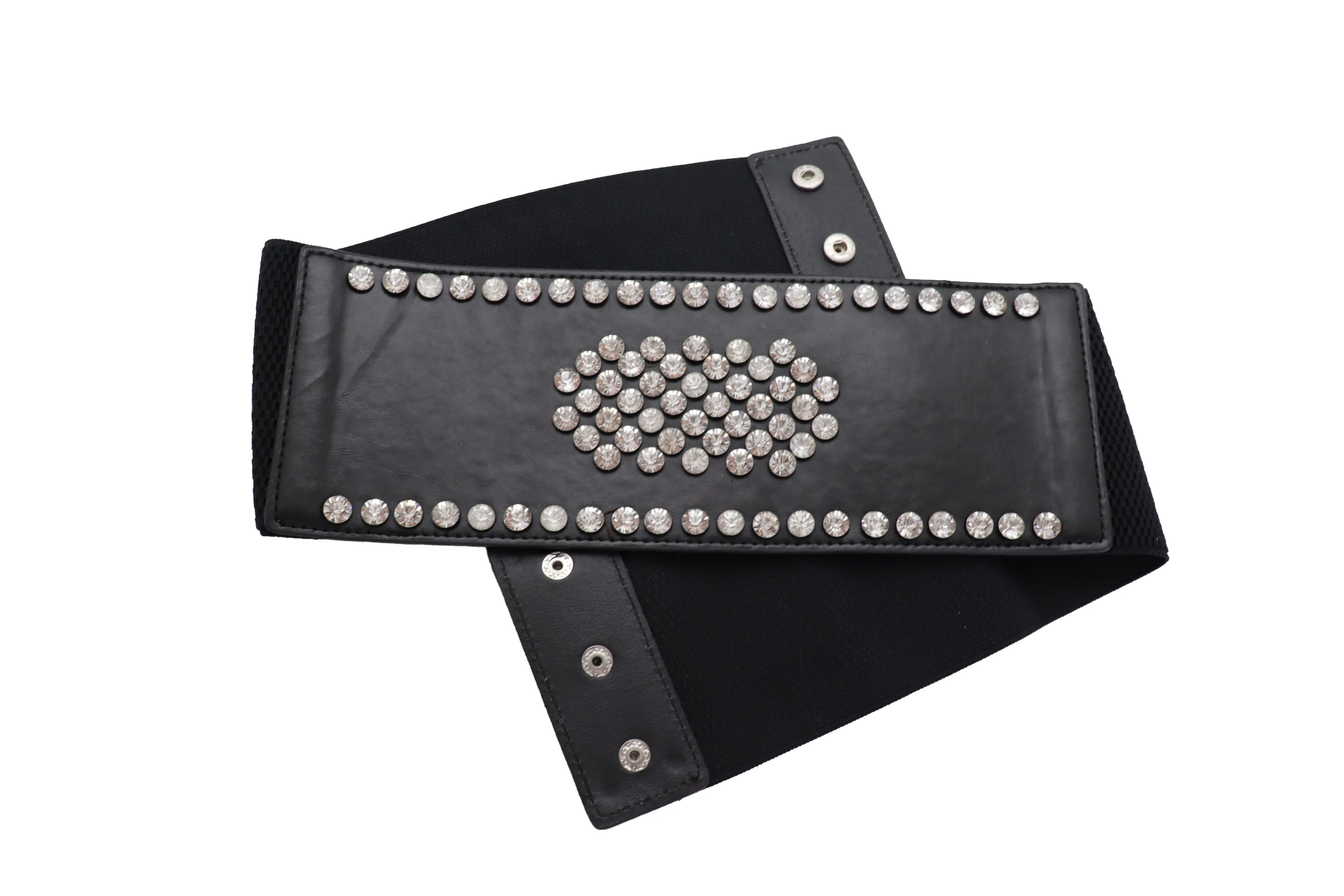 Black Color Elastic Wide Band Fashion Belt Silver Bling Shield Size M L