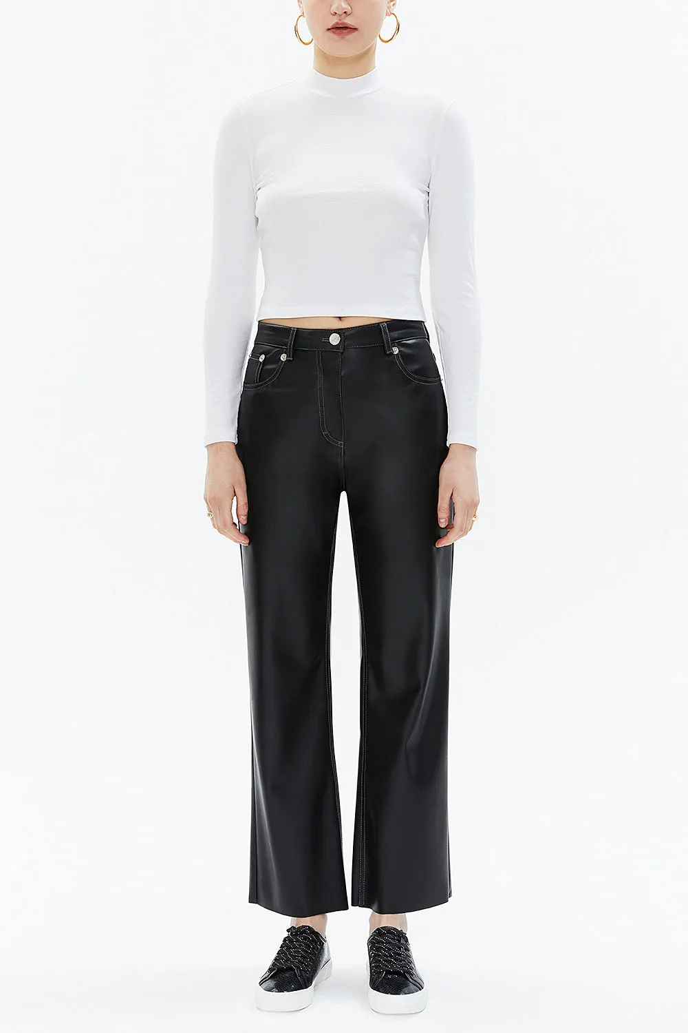 Black Gray High waist  wide leg leather  pants 41512