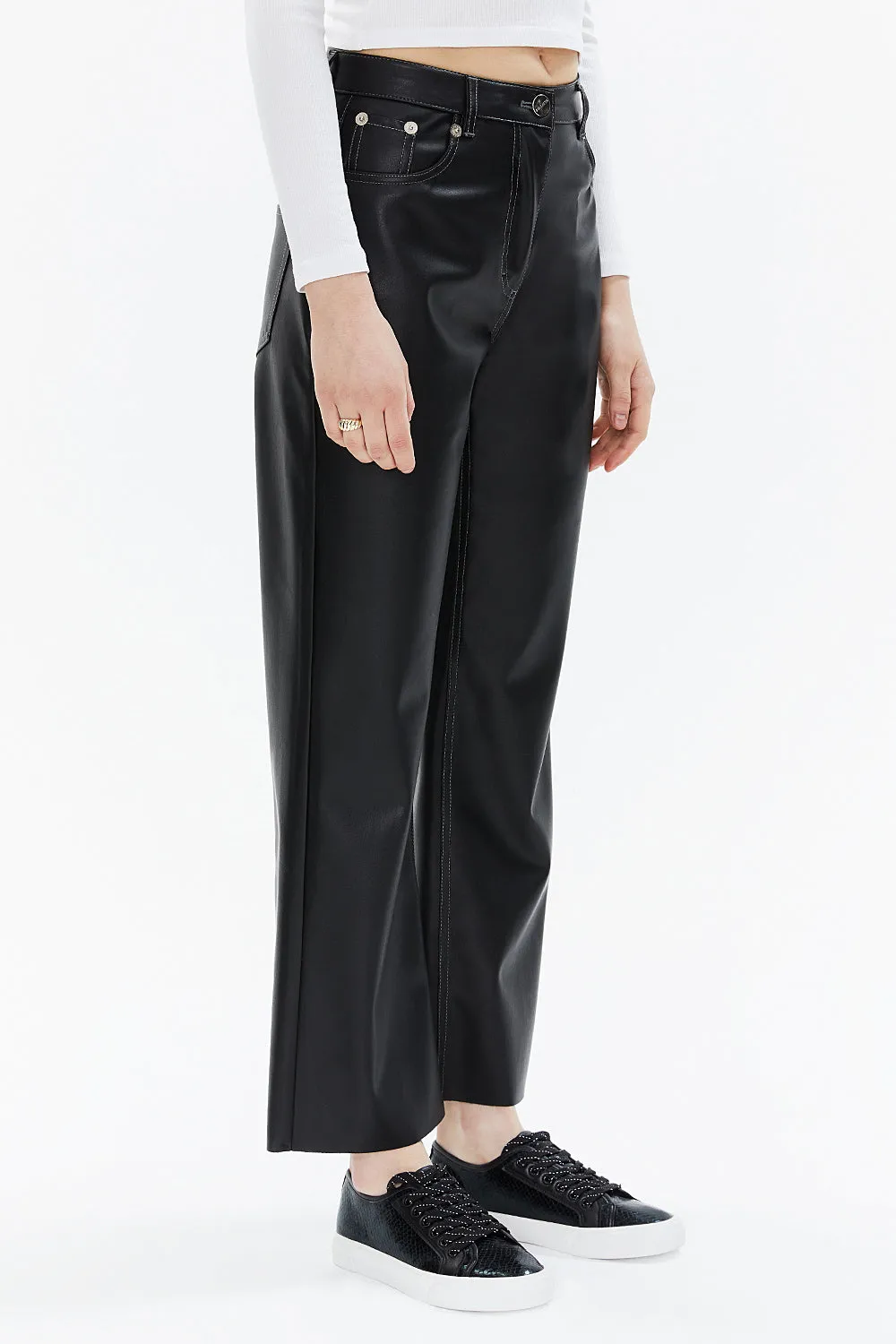 Black Gray High waist  wide leg leather  pants 41512