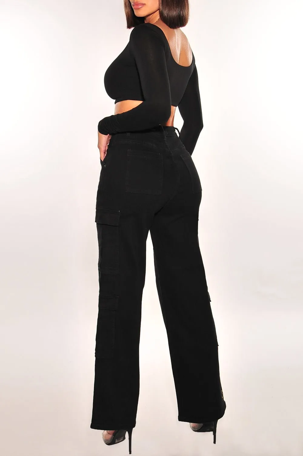 Black High Waist Cargo Wide Leg Jeans