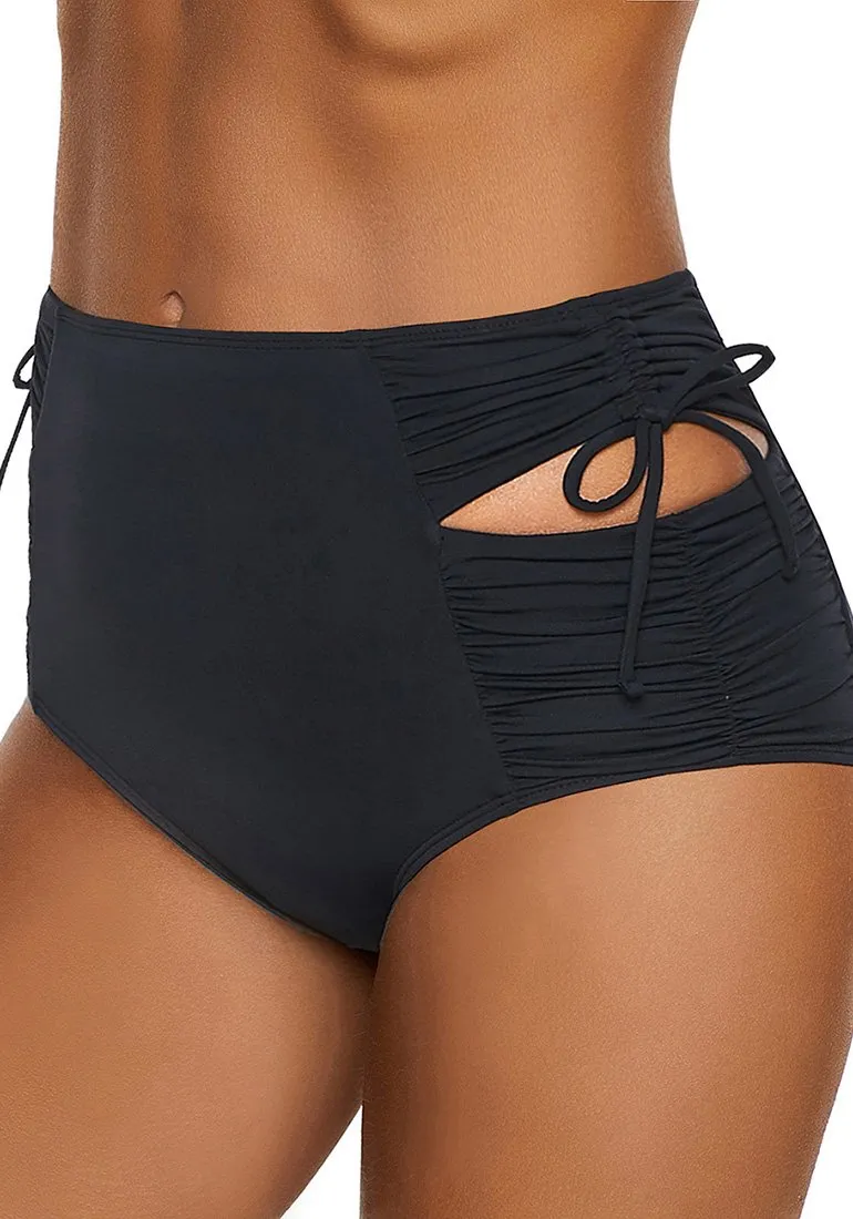 Black High-Waist Cutout Drawsting Ruched Bikini Bottom