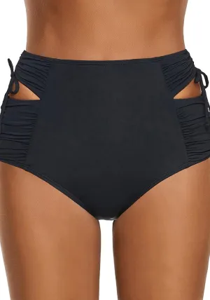 Black High-Waist Cutout Drawsting Ruched Bikini Bottom