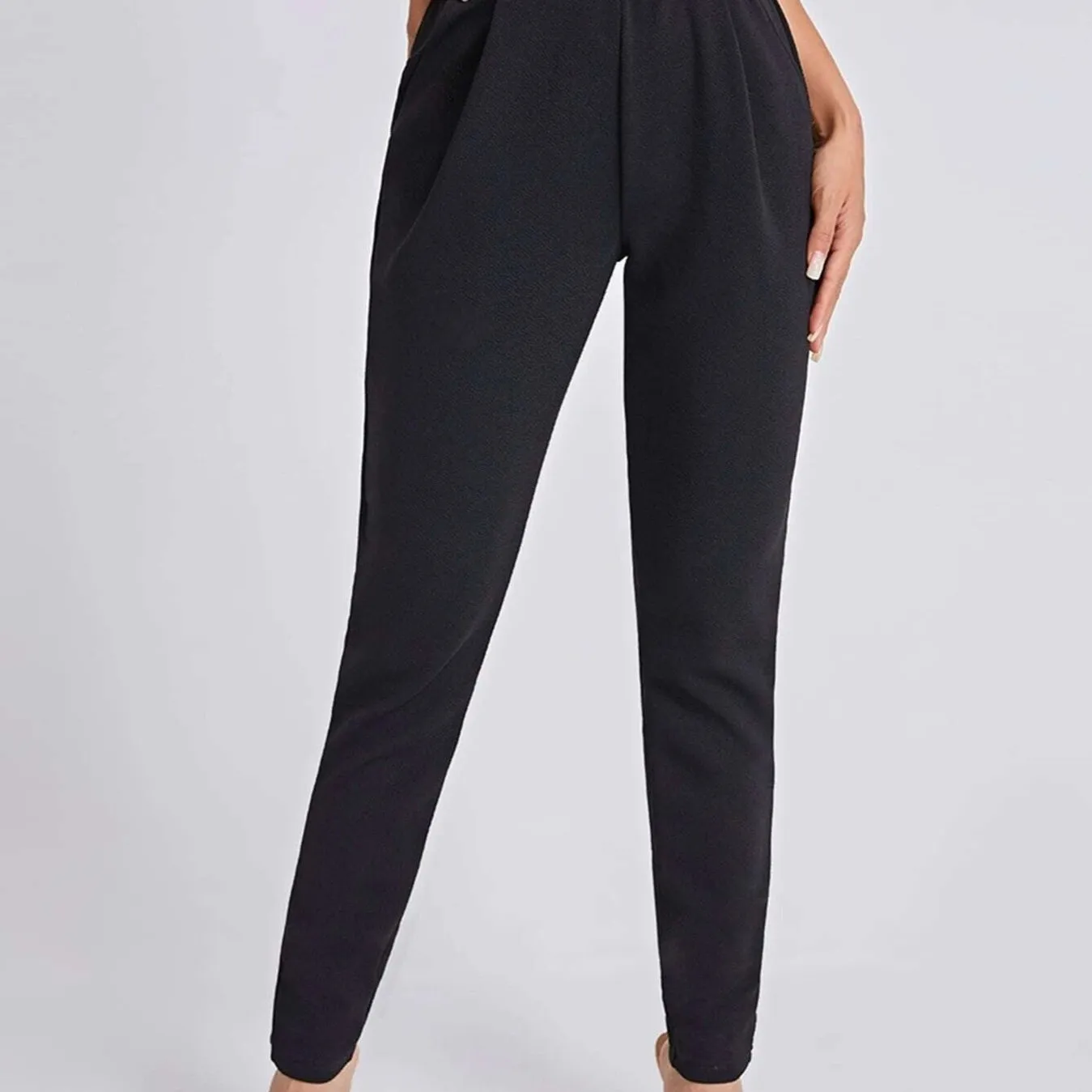 Black Skinny Cigarette High Waist Beltless Semi StretchElegant Bottoms For Work