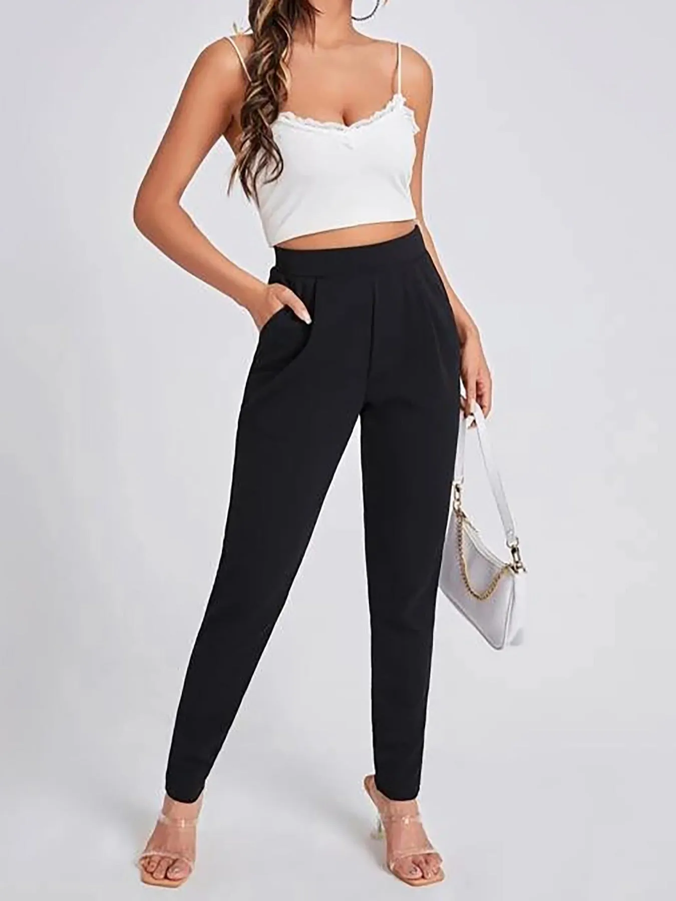 Black Skinny Cigarette High Waist Beltless Semi StretchElegant Bottoms For Work