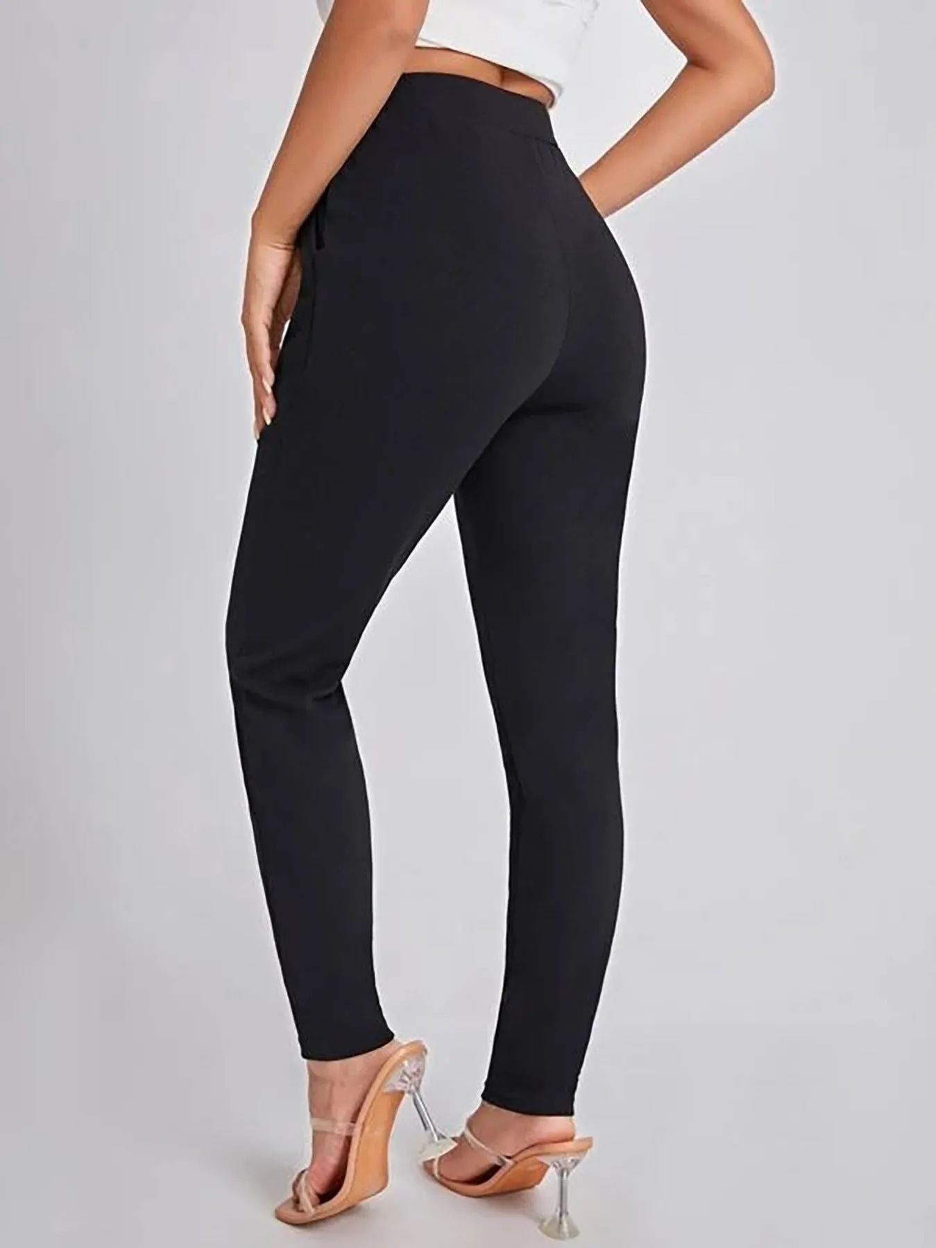 Black Skinny Cigarette High Waist Beltless Semi StretchElegant Bottoms For Work