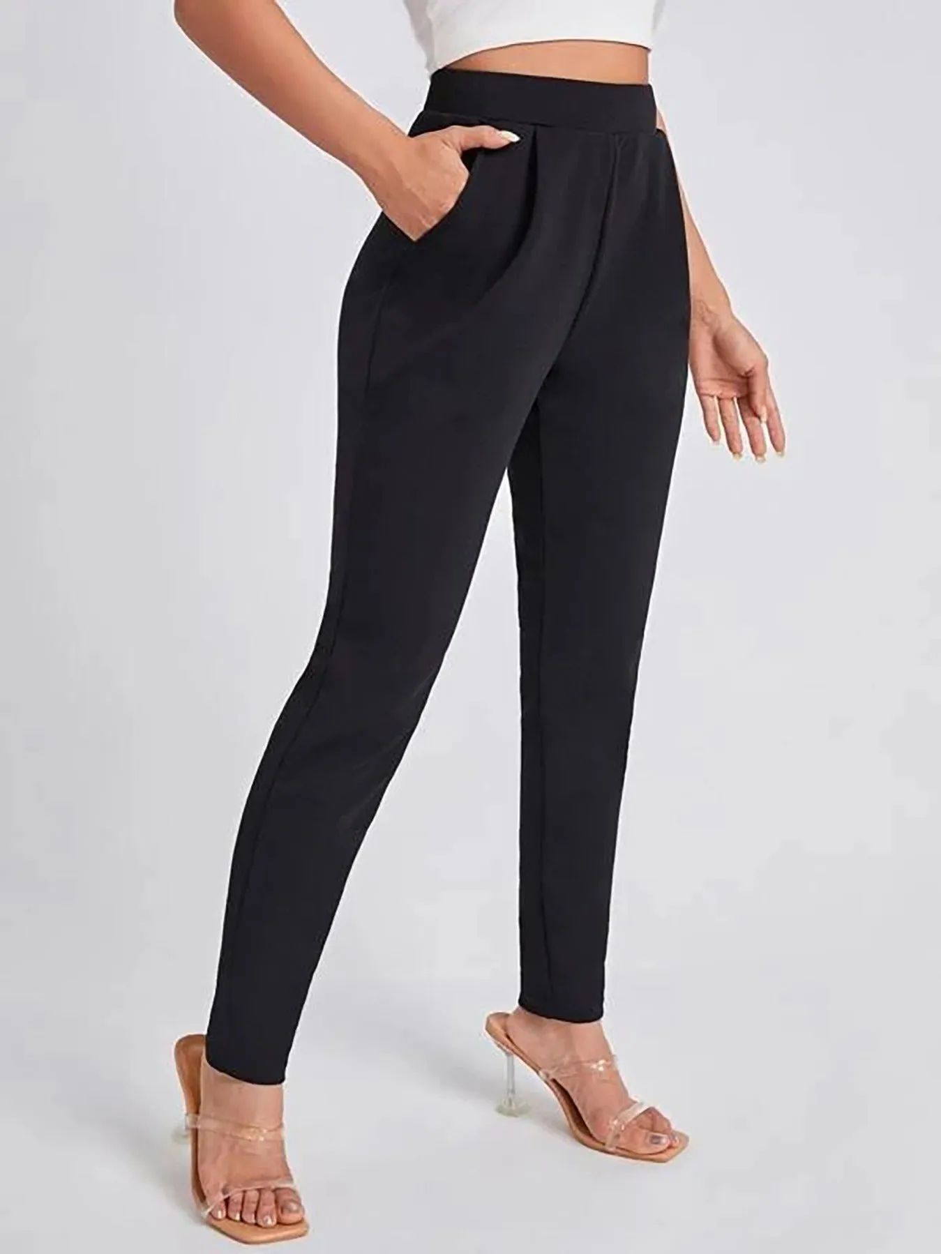 Black Skinny Cigarette High Waist Beltless Semi StretchElegant Bottoms For Work