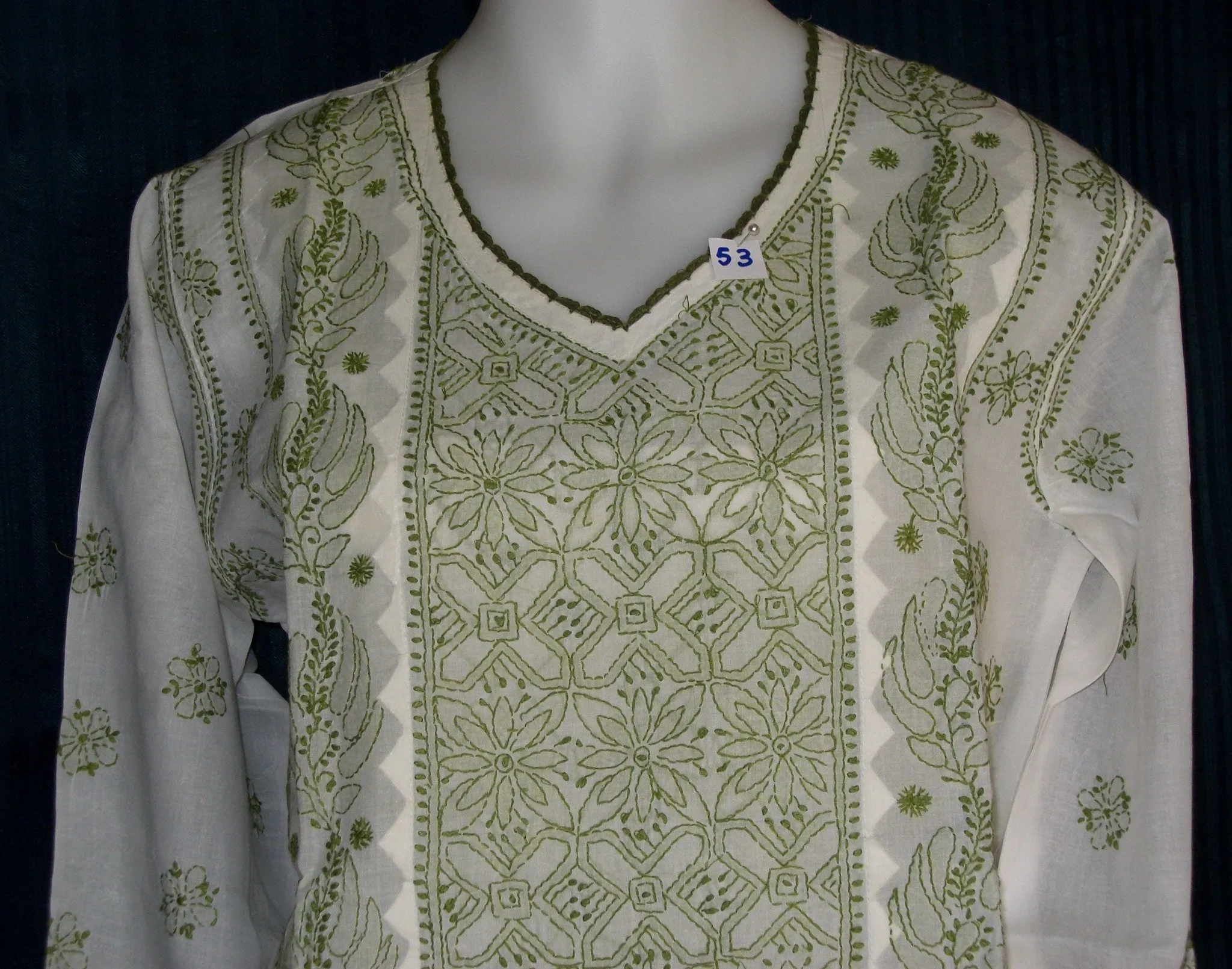 Blouse 053 White Cotton Hand Embroidered Tunic Top Kurti Medium Size