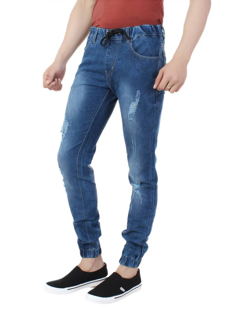 Blue Distress Regular Fit Cloud Wash Denim Jogger Jeans