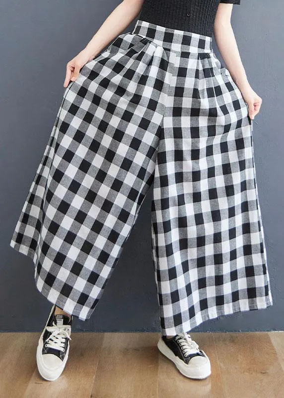 Boutique Big grid High Waist Wide Leg Pants Summer Cotton Linen