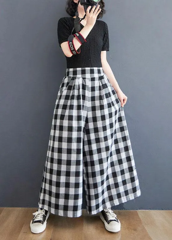 Boutique Big grid High Waist Wide Leg Pants Summer Cotton Linen