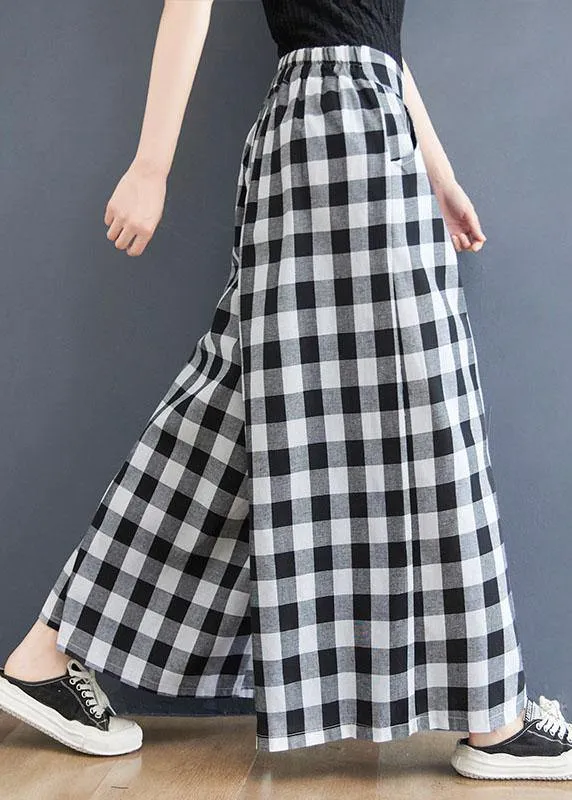 Boutique Big grid High Waist Wide Leg Pants Summer Cotton Linen