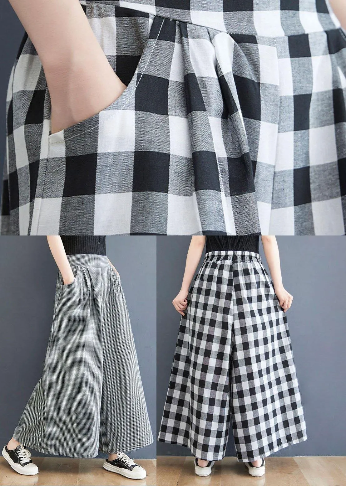 Boutique Big grid High Waist Wide Leg Pants Summer Cotton Linen