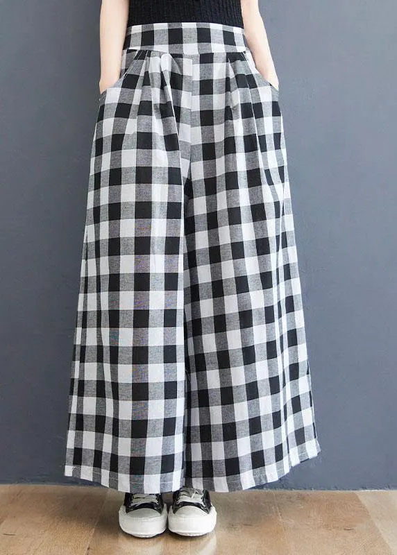 Boutique Big grid High Waist Wide Leg Pants Summer Cotton Linen