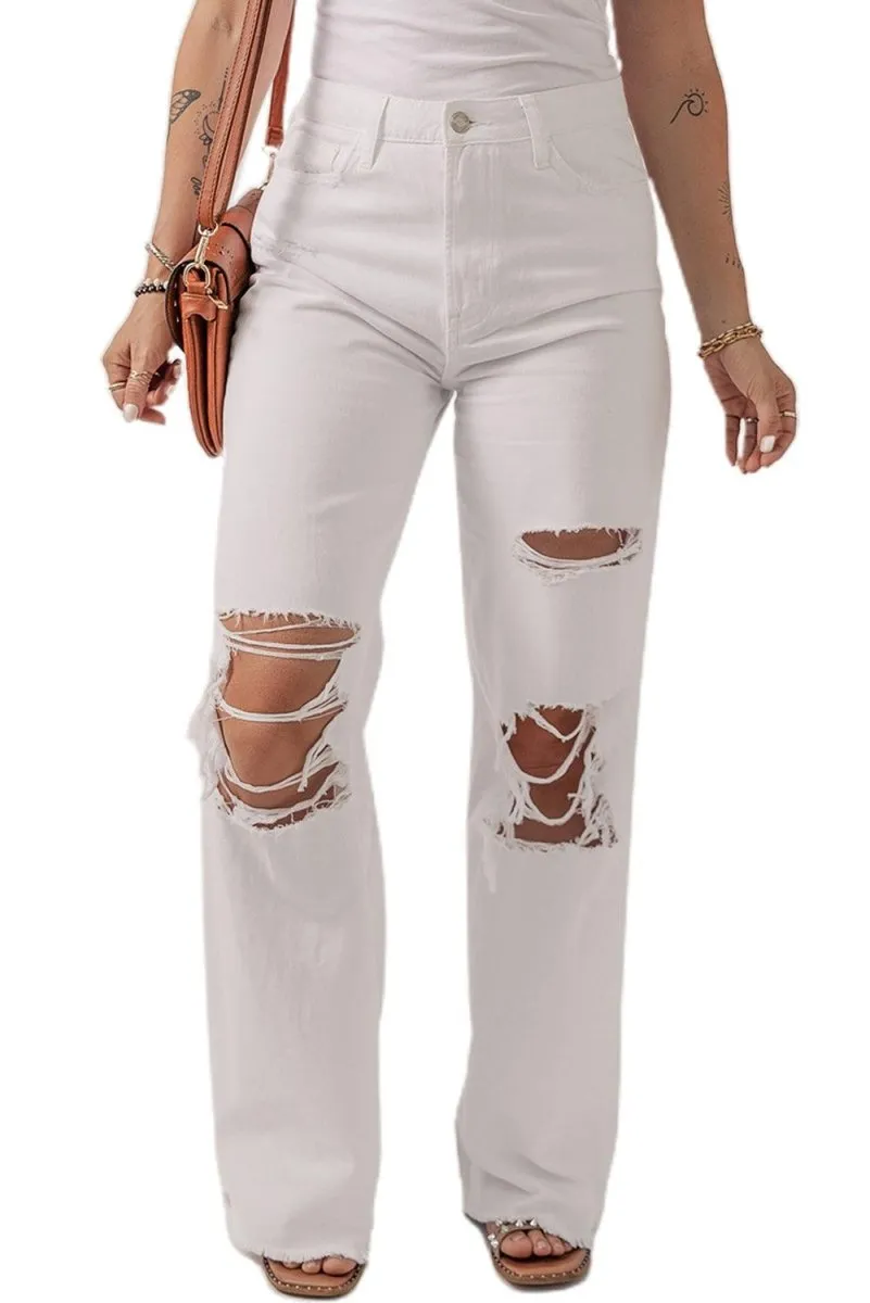 Bright White Distressed Straight Leg Denim