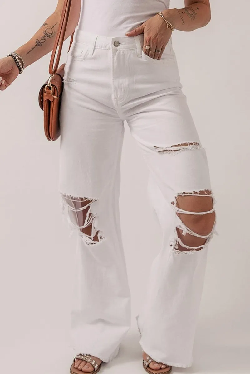 Bright White Distressed Straight Leg Denim