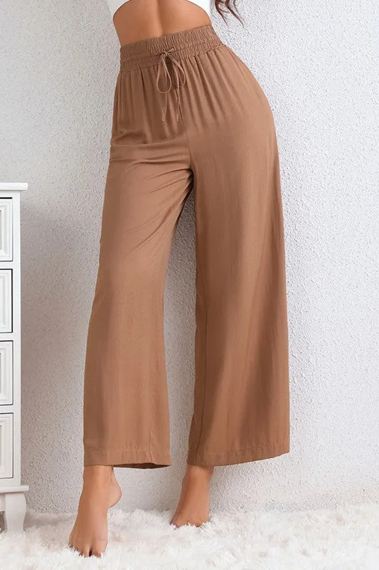 Brown Drawstring Elastic Waist Wide Leg Pants