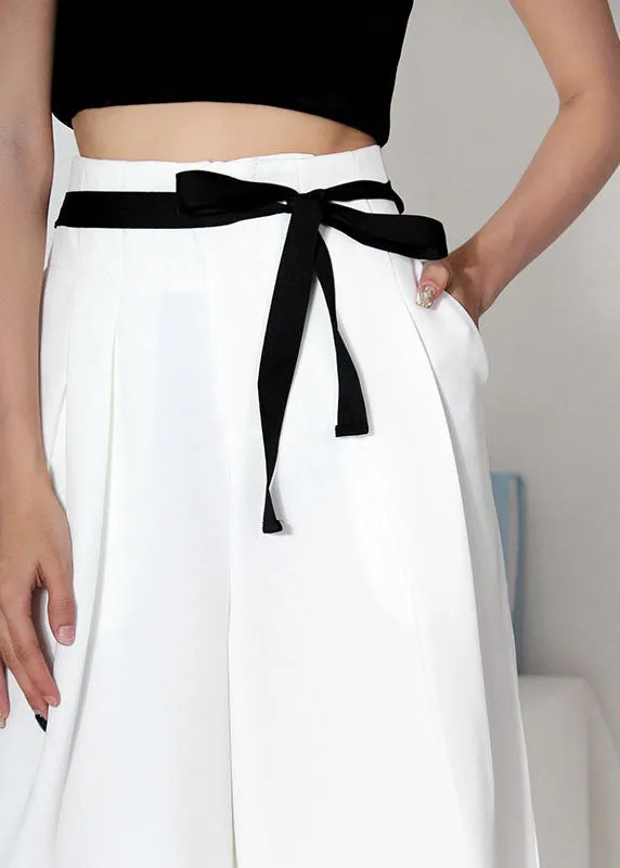 Classy White High Waist Tie Summer Wide Leg Pants