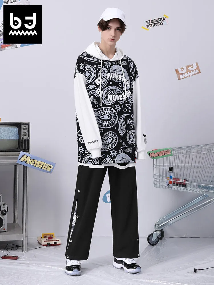 Color contrast patchwork cashew flower string standard detachable four-button cotton casual pants