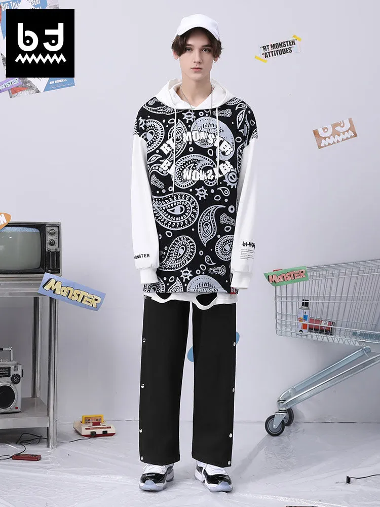 Color contrast patchwork cashew flower string standard detachable four-button cotton casual pants