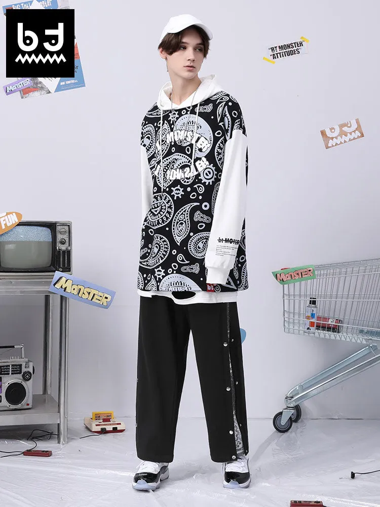 Color contrast patchwork cashew flower string standard detachable four-button cotton casual pants