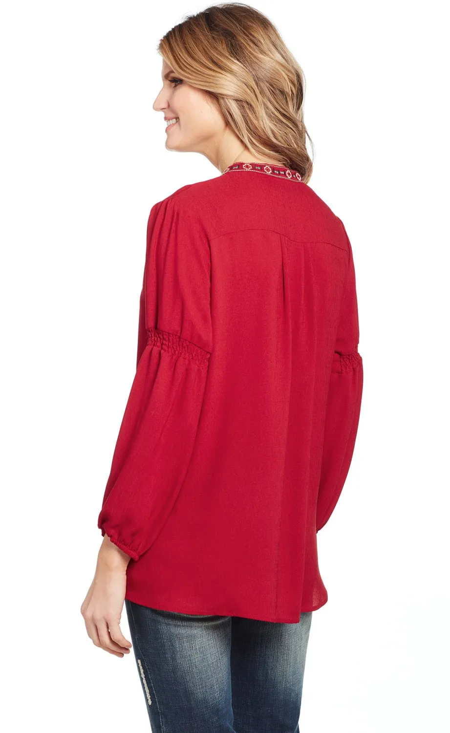 Cowgirl Up Womens Red Polyester Geometric Ruched Tunic L/S