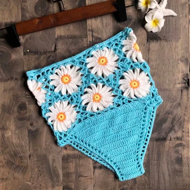 Crochet Daisies High Waist Bikini Bottoms Crocheted White Daisy Panties Cotton Yarn Daring See Through Weave Black White Rusty Red Yellow Blue Beige Red Or Green You Choose One Size