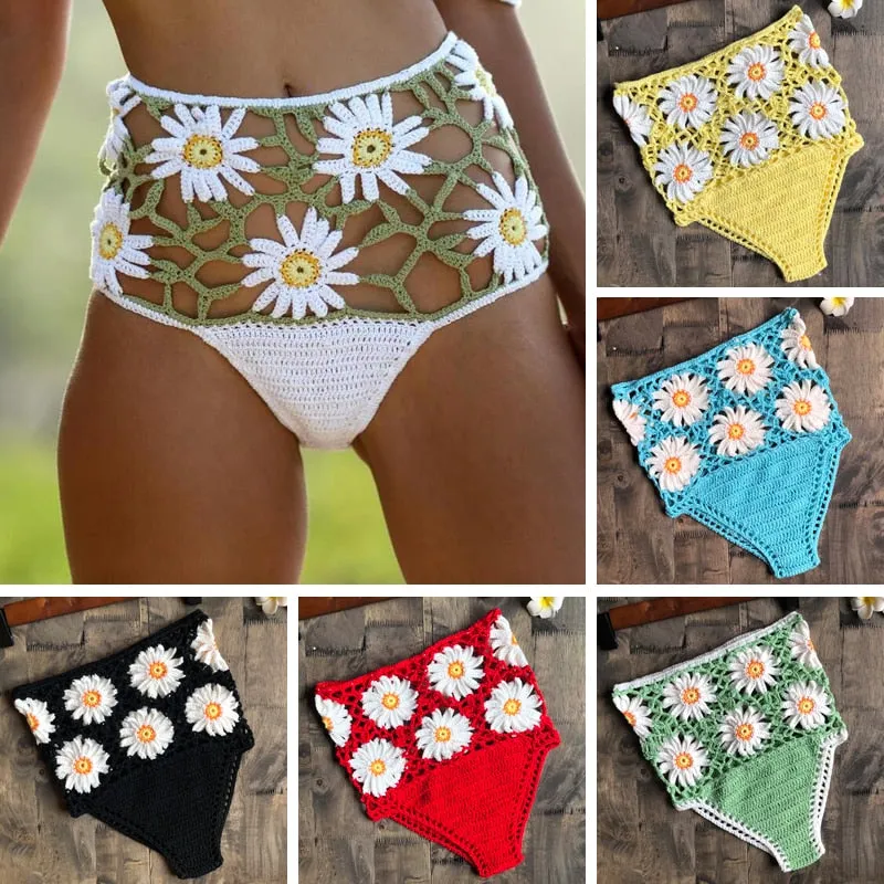 Crochet Daisies High Waist Bikini Bottoms Crocheted White Daisy Panties Cotton Yarn Daring See Through Weave Black White Rusty Red Yellow Blue Beige Red Or Green You Choose One Size