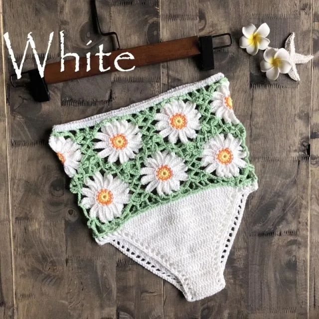 Crochet Daisies High Waist Bikini Bottoms Crocheted White Daisy Panties Cotton Yarn Daring See Through Weave Black White Rusty Red Yellow Blue Beige Red Or Green You Choose One Size