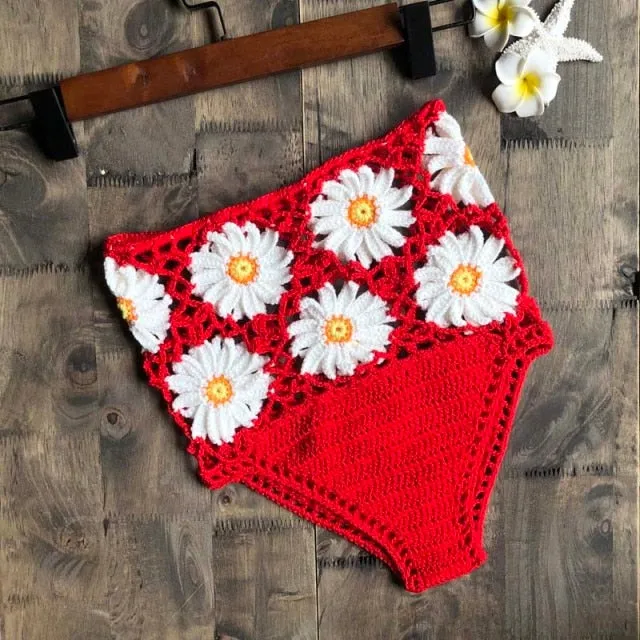 Crochet Daisies High Waist Bikini Bottoms Crocheted White Daisy Panties Cotton Yarn Daring See Through Weave Black White Rusty Red Yellow Blue Beige Red Or Green You Choose One Size