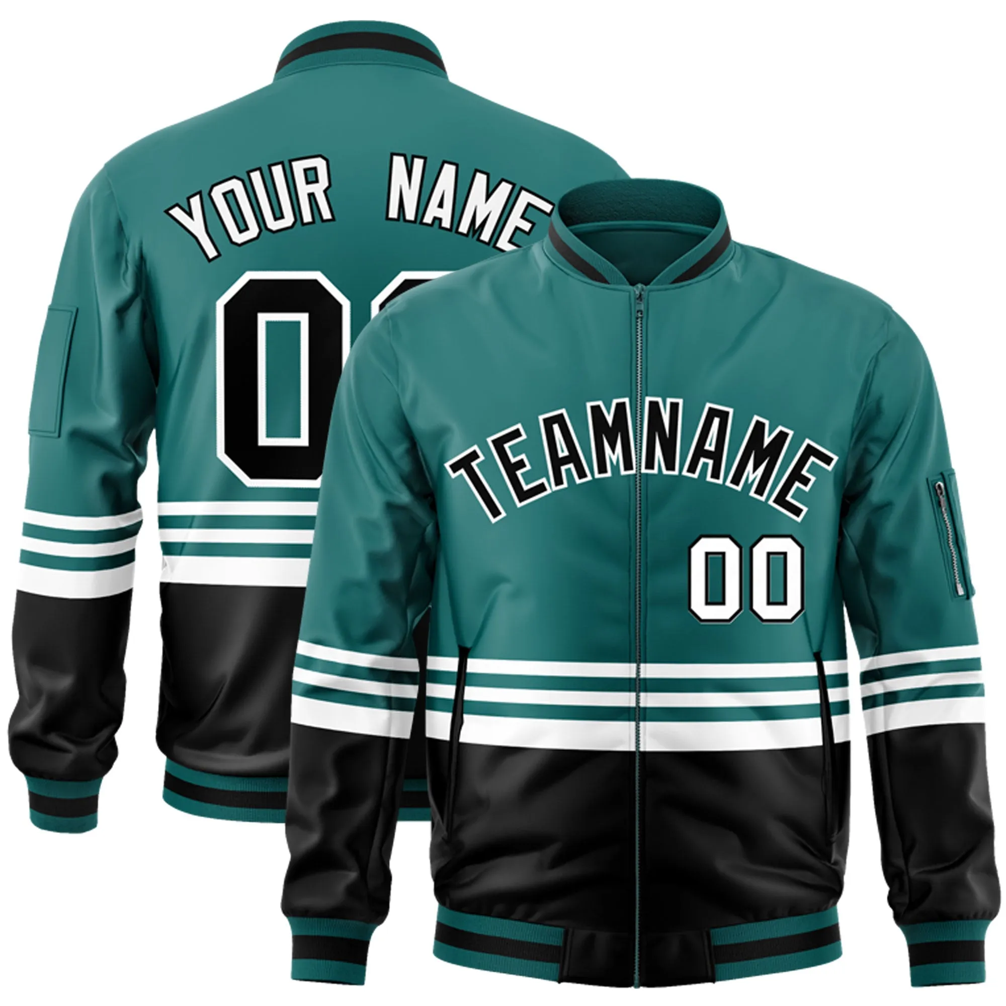 Custom Aqua Black-White Varsity Full-Zip Color Block Letterman Bomber Jacket