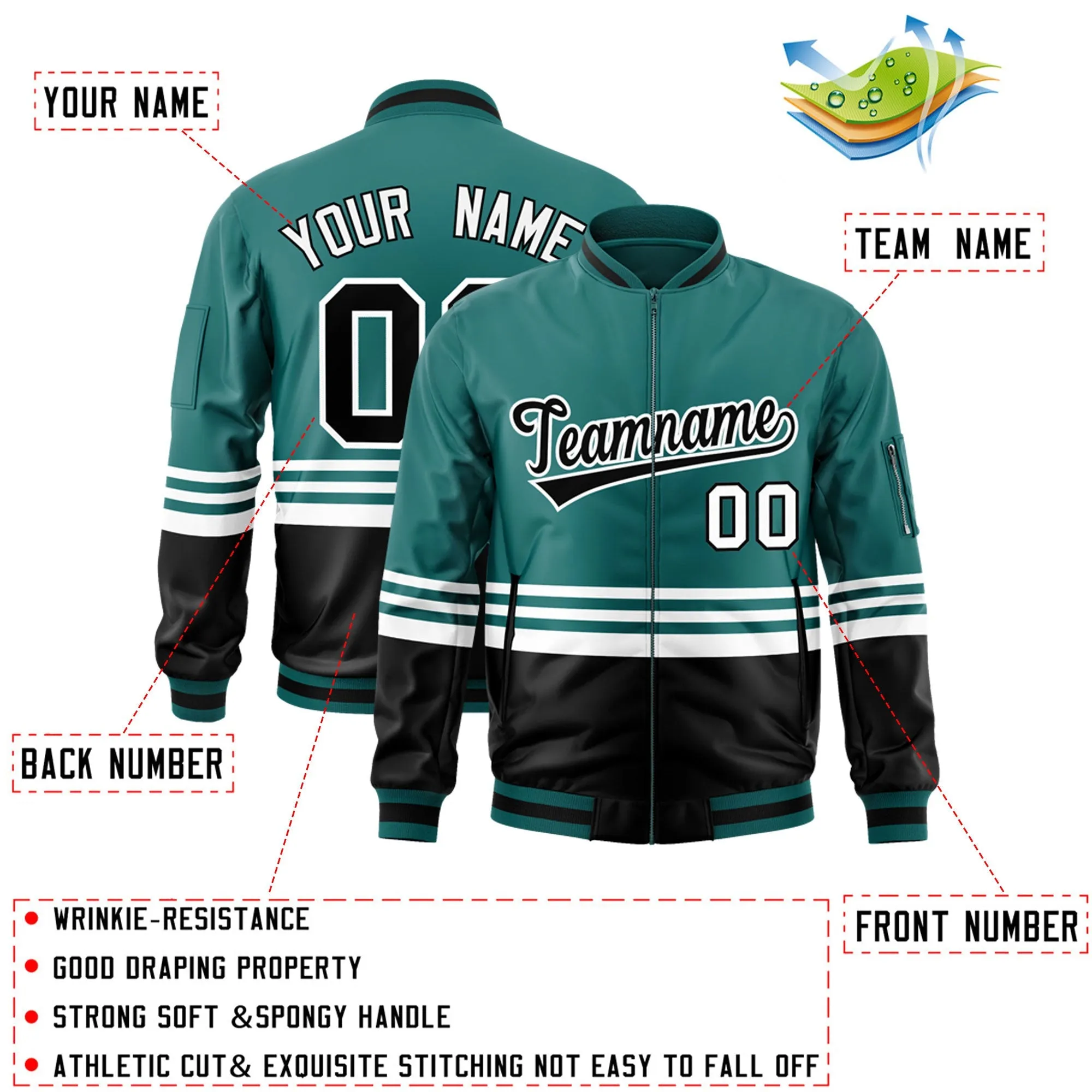 Custom Aqua Black-White Varsity Full-Zip Color Block Letterman Bomber Jacket