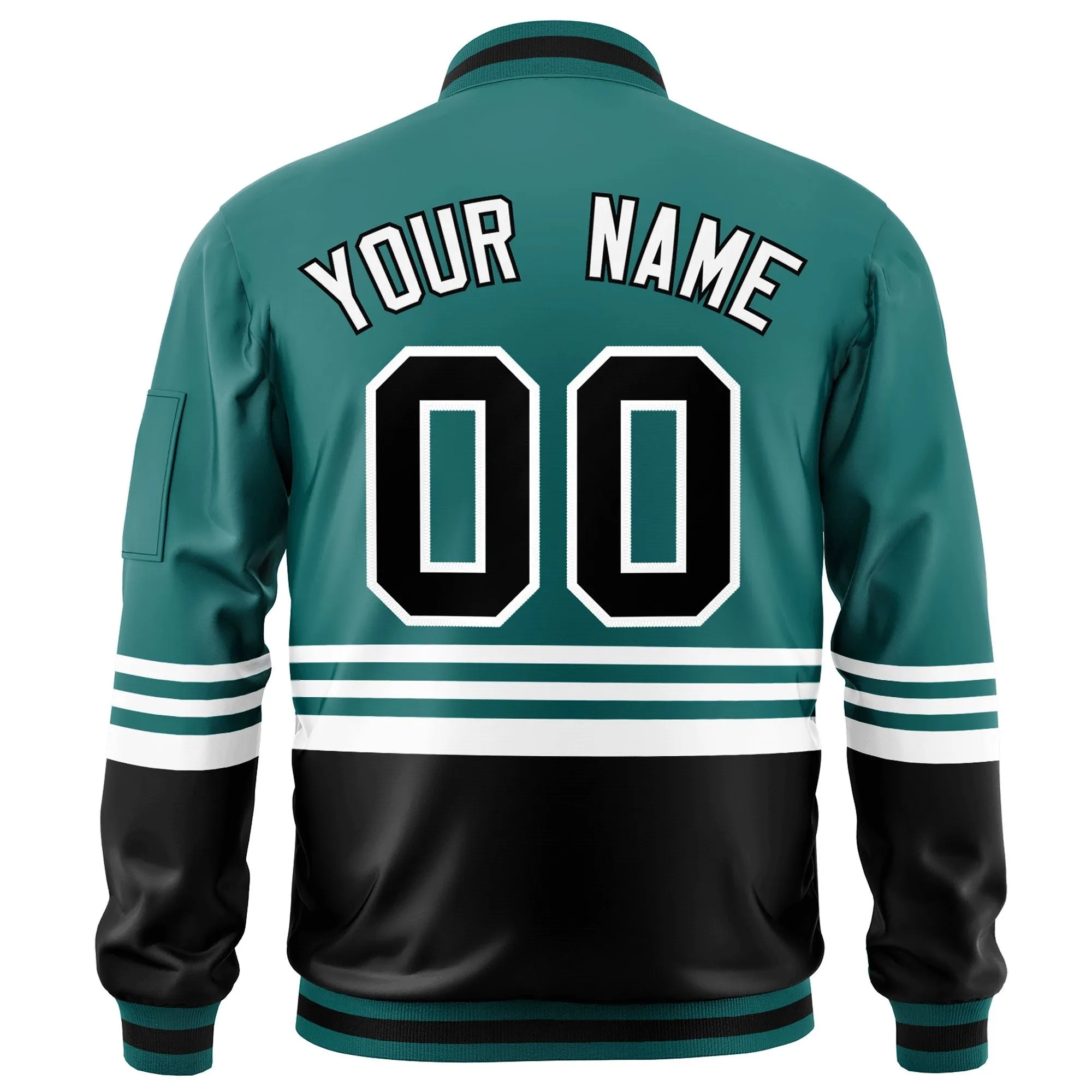 Custom Aqua Black-White Varsity Full-Zip Color Block Letterman Bomber Jacket