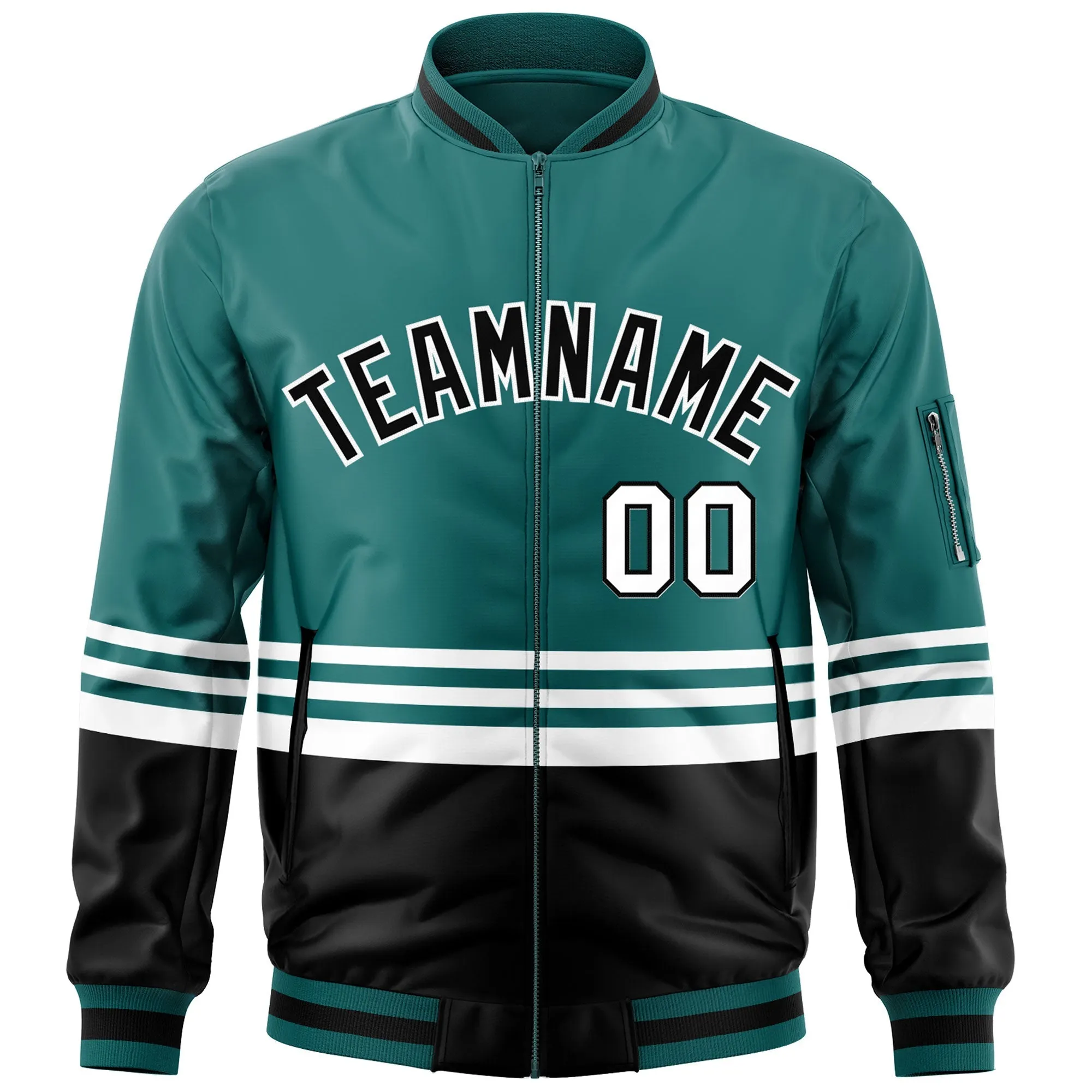 Custom Aqua Black-White Varsity Full-Zip Color Block Letterman Bomber Jacket