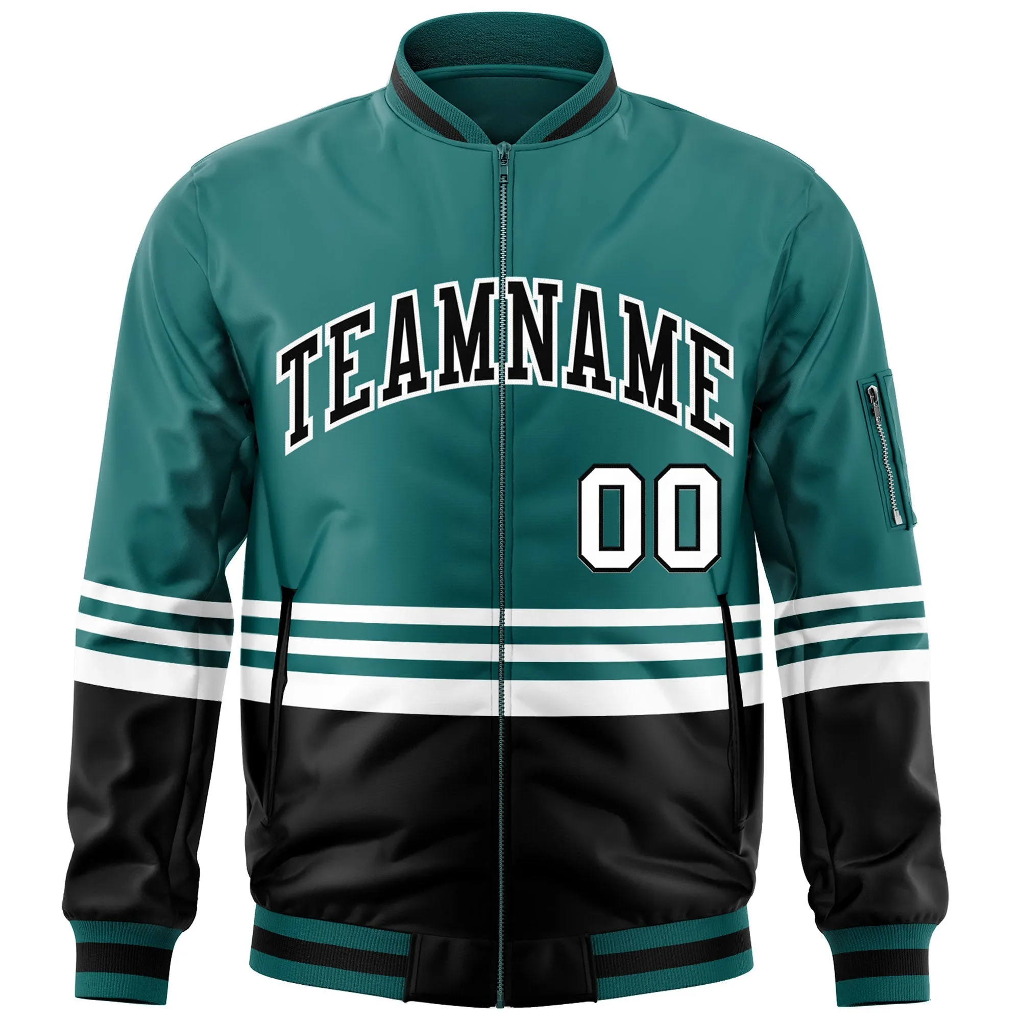 Custom Aqua Black-White Varsity Full-Zip Color Block Letterman Bomber Jacket