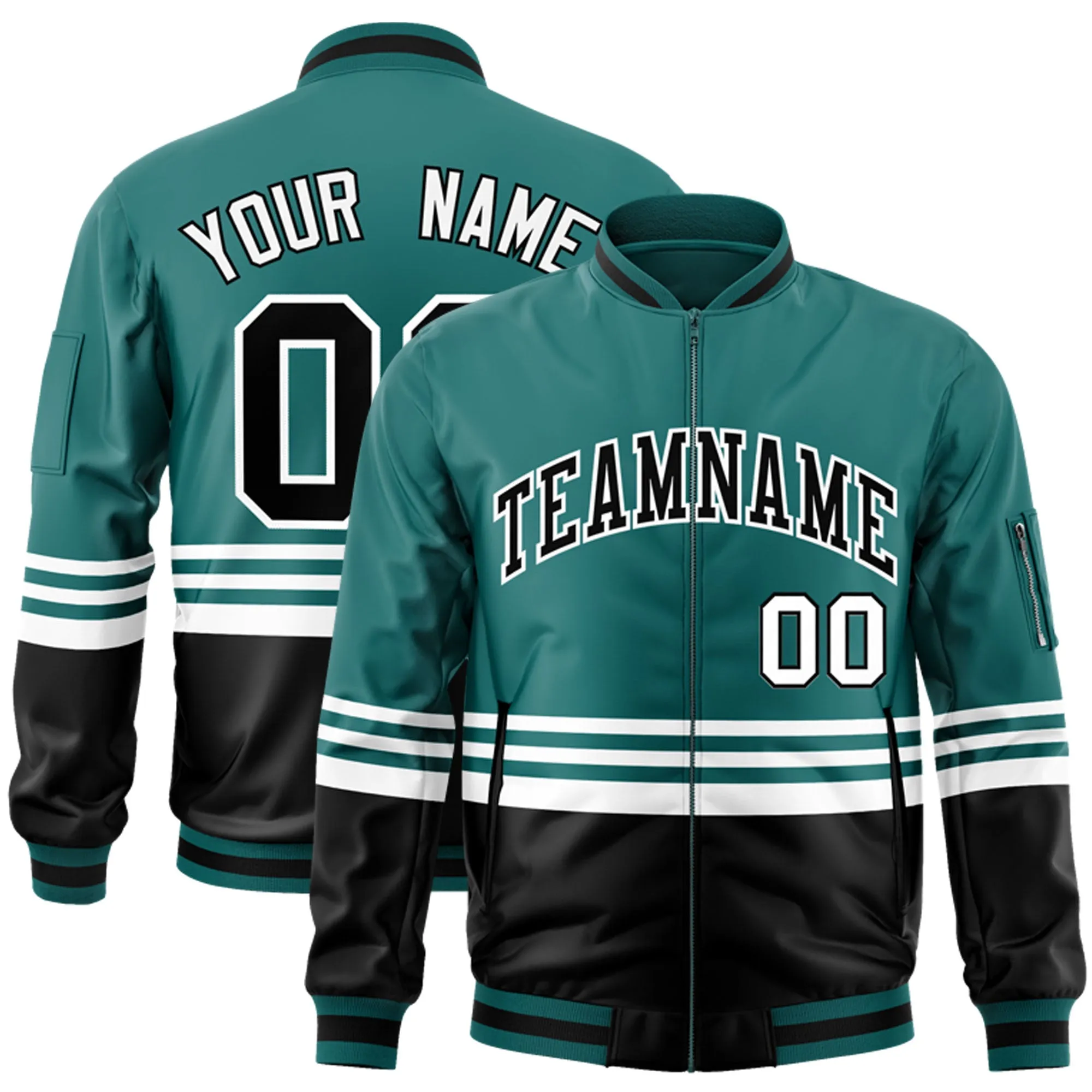 Custom Aqua Black-White Varsity Full-Zip Color Block Letterman Bomber Jacket