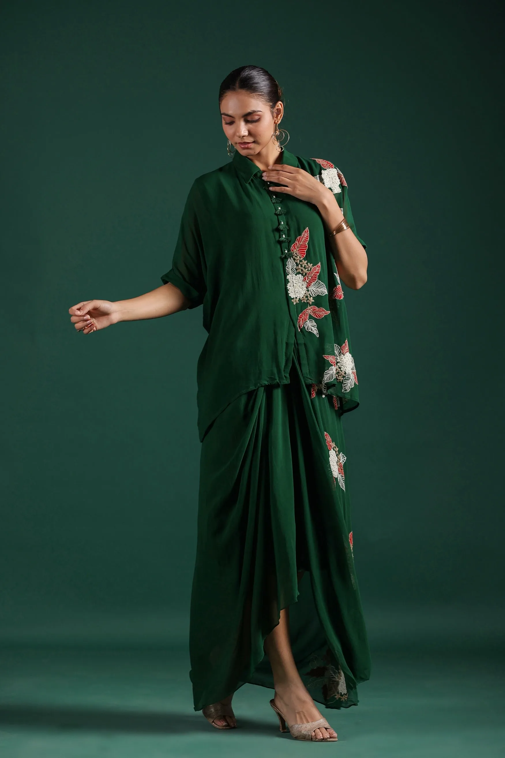 Deep Green Embroidered Premium Georgette Skirt Set