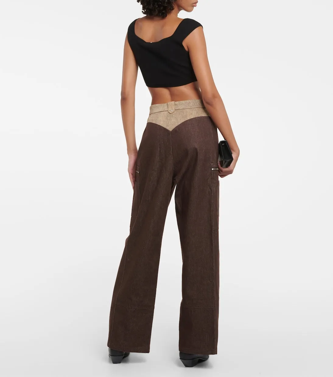 Didu High Waist Wide Leg Cotton Cargo Pants, Brown