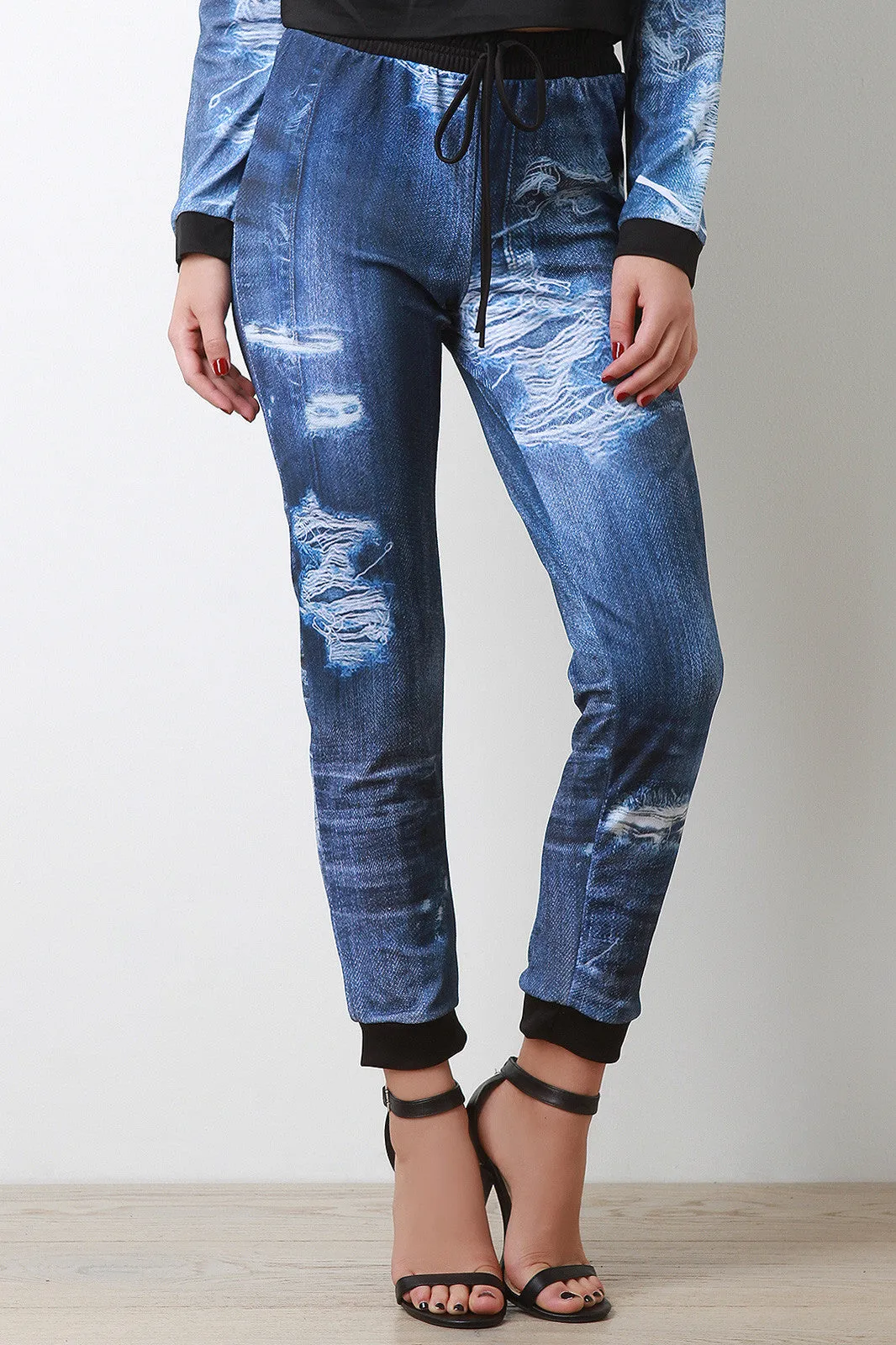 Distressed Denim Print Jogger Pants