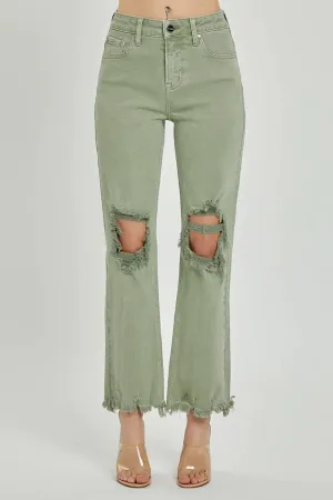 Distressed Straight Leg Olive Jeans