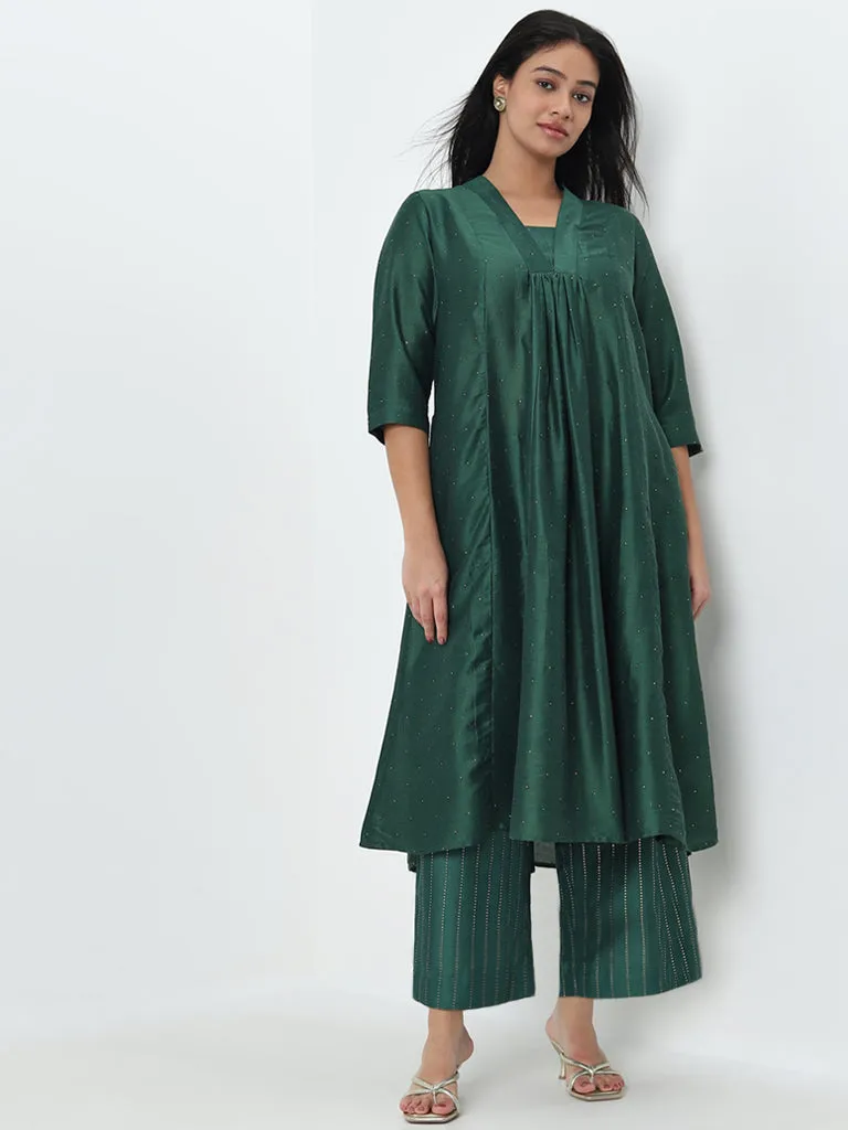 Diza Dark Green Striped Printed High-Rise Ethnic Pants