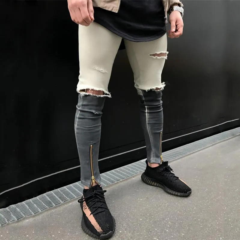 Dual Tone Skinny Ripped Ankle Zipper Jeans