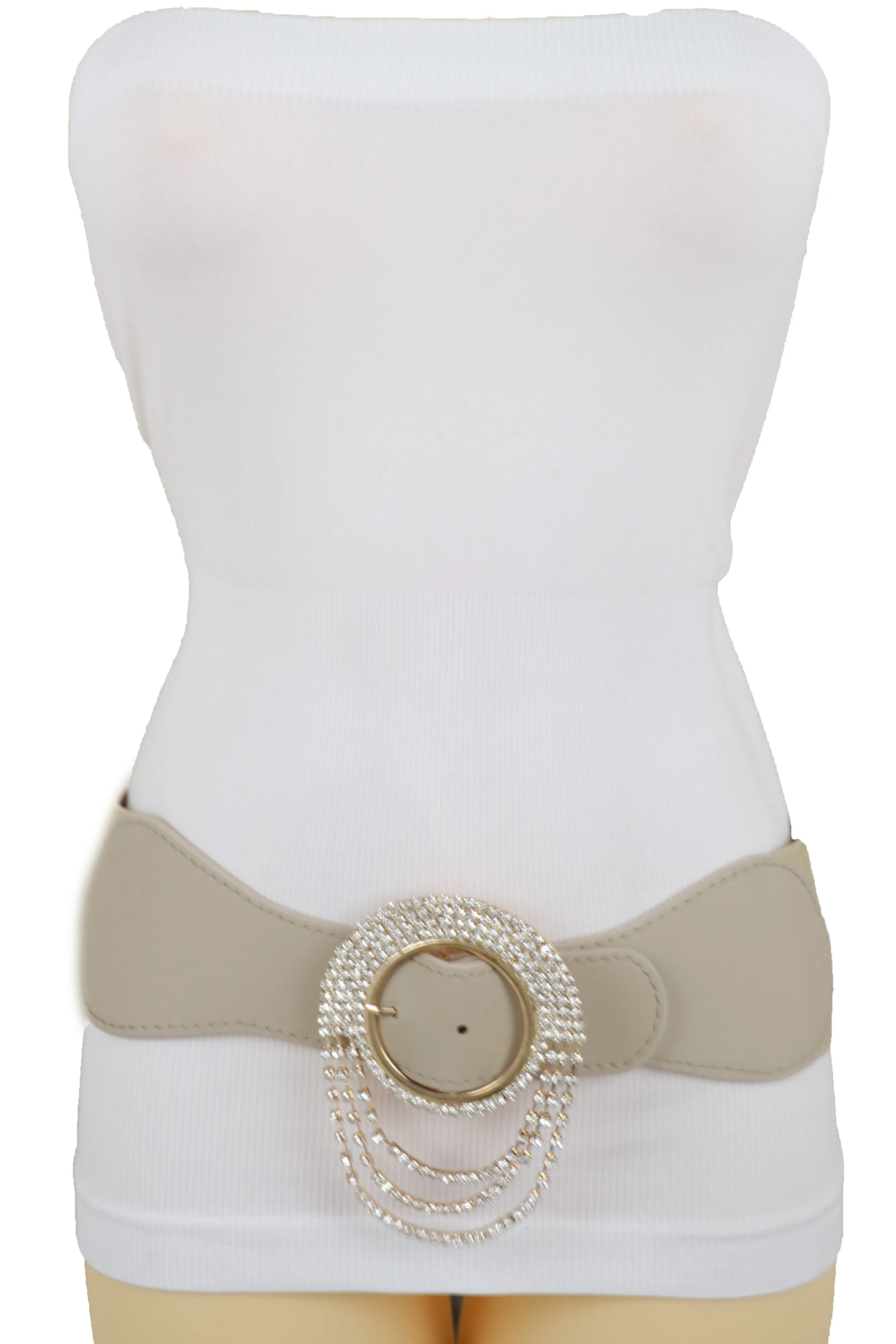 Elastic Beige Fancy Fashion Wide Hip High Waist Belt Gold Round Buckle S M