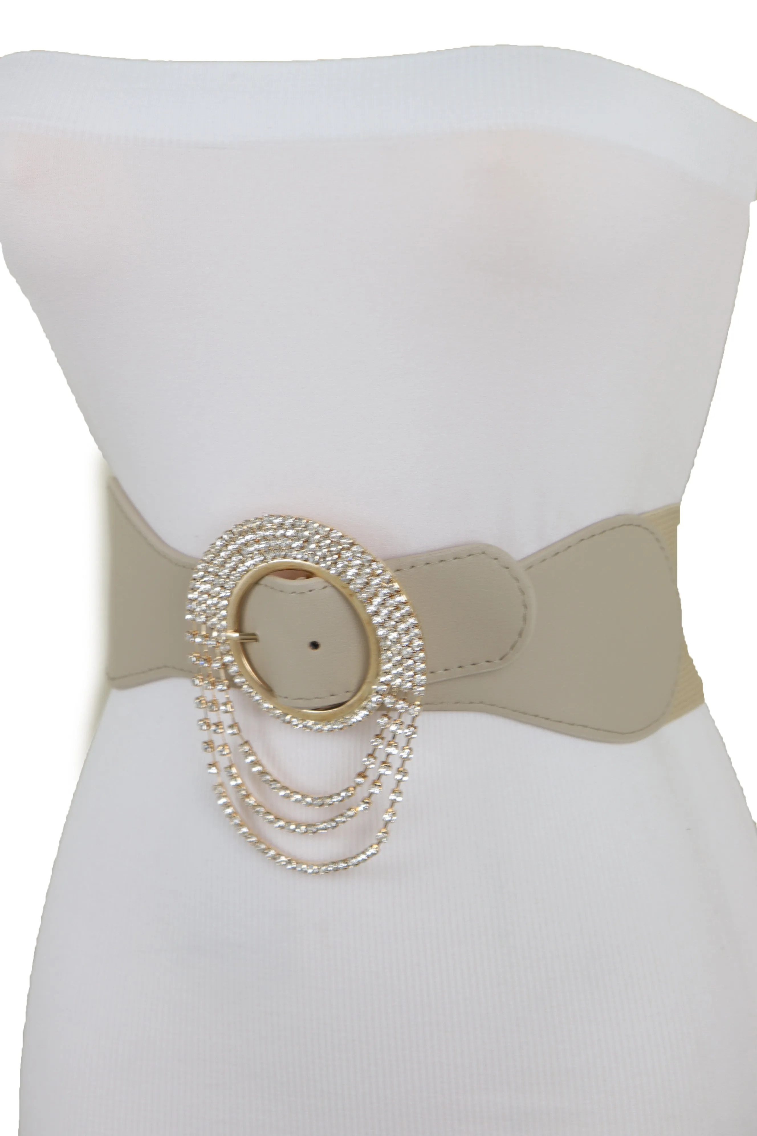 Elastic Beige Fancy Fashion Wide Hip High Waist Belt Gold Round Buckle S M