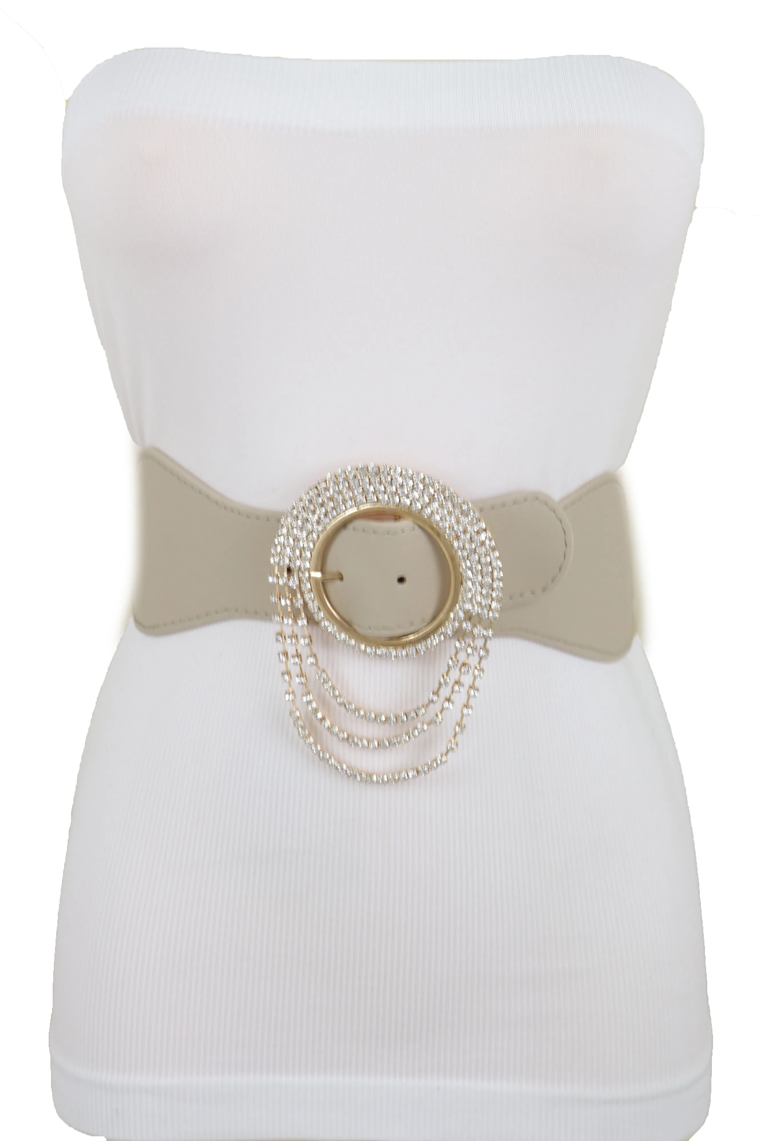 Elastic Beige Fancy Fashion Wide Hip High Waist Belt Gold Round Buckle S M