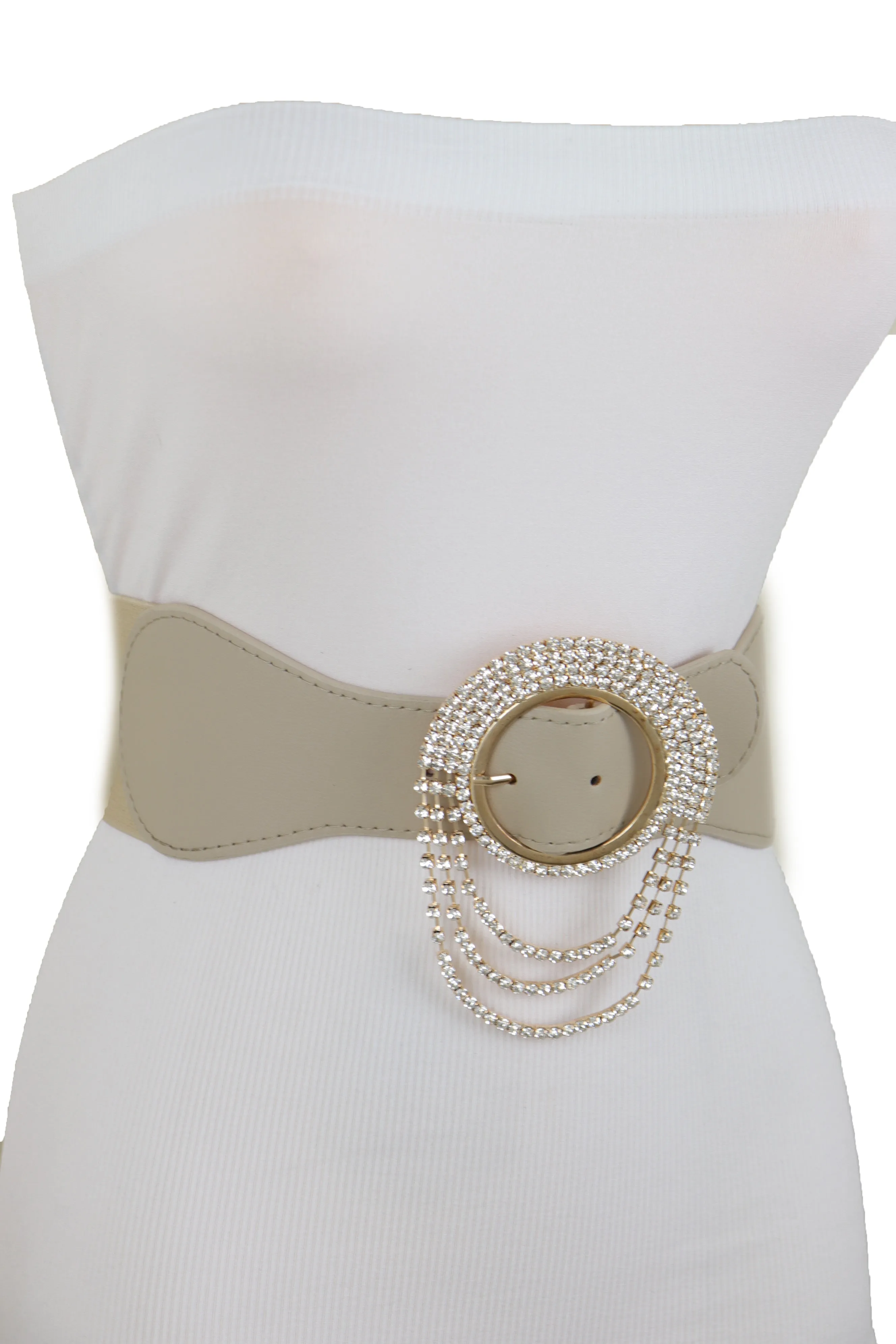 Elastic Beige Fancy Fashion Wide Hip High Waist Belt Gold Round Buckle S M