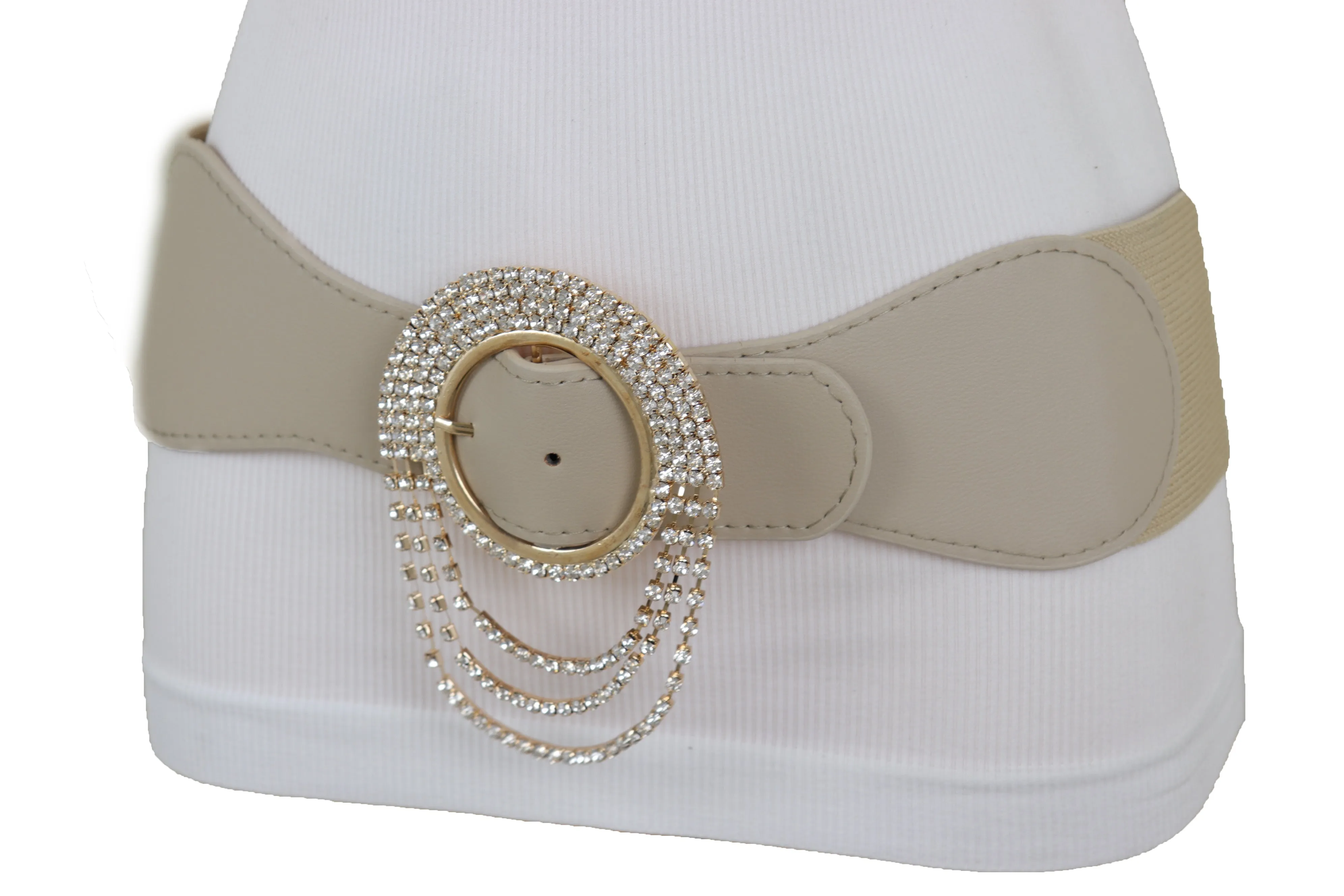 Elastic Beige Fancy Fashion Wide Hip High Waist Belt Gold Round Buckle S M