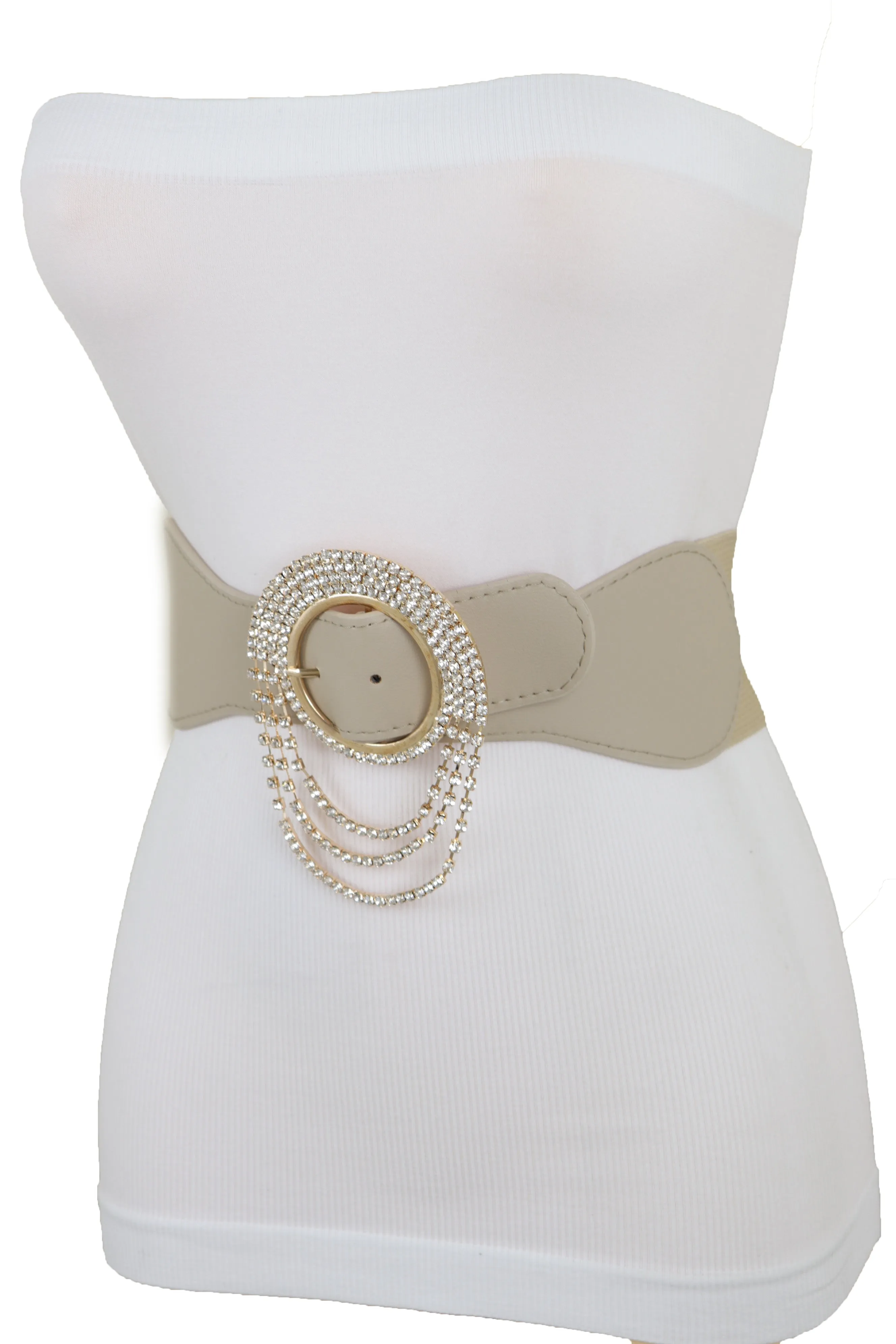 Elastic Beige Fancy Fashion Wide Hip High Waist Belt Gold Round Buckle S M