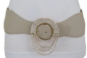 Elastic Beige Fancy Fashion Wide Hip High Waist Belt Gold Round Buckle S M