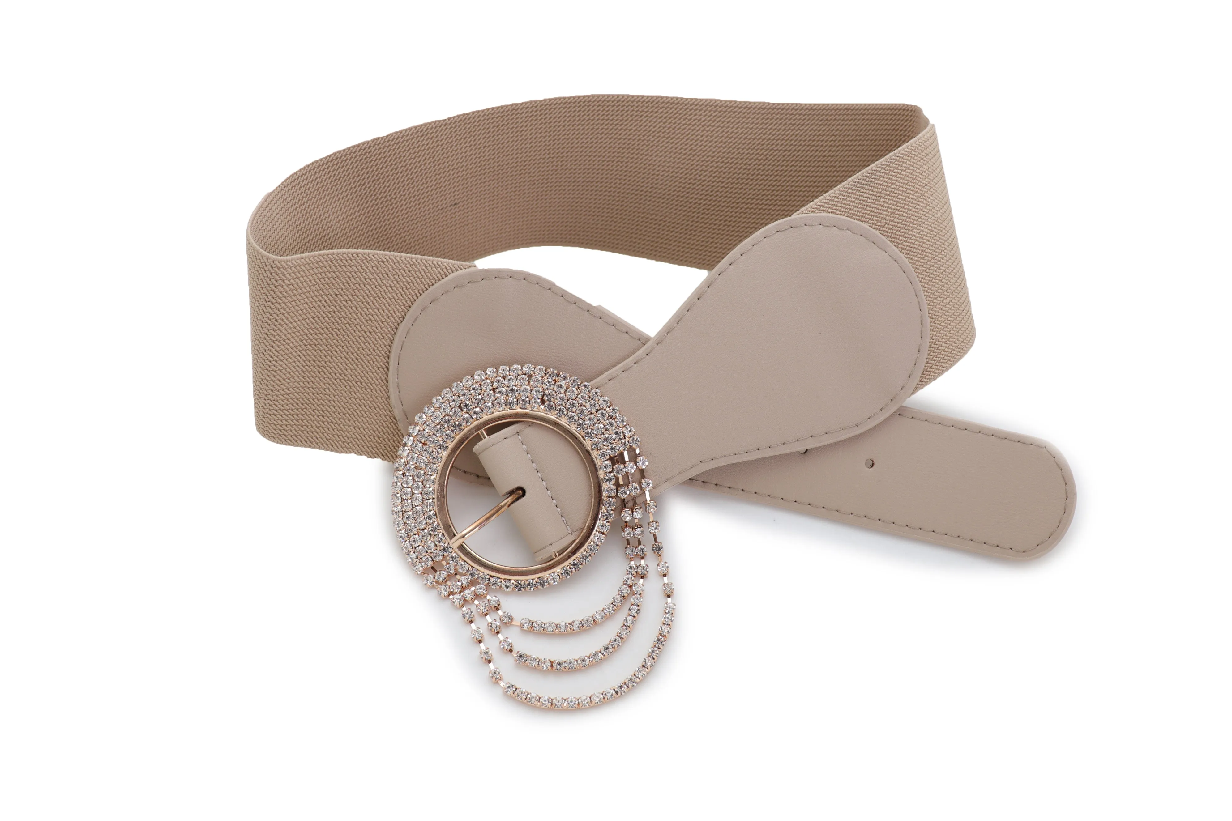 Elastic Beige Fancy Fashion Wide Hip High Waist Belt Gold Round Buckle S M